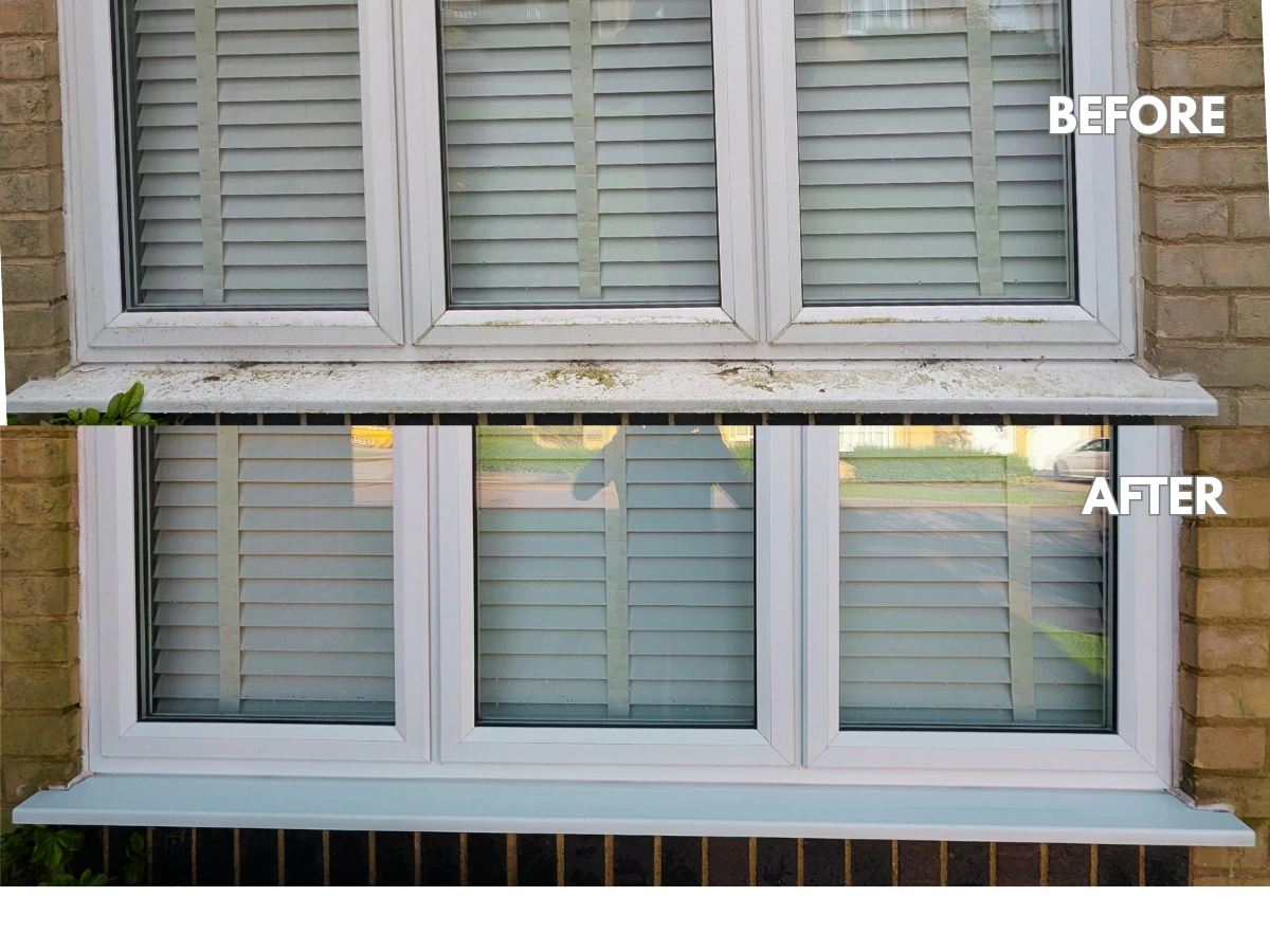 Before and after window sill cleaning - J E Robb Window Cleaning Swindon
